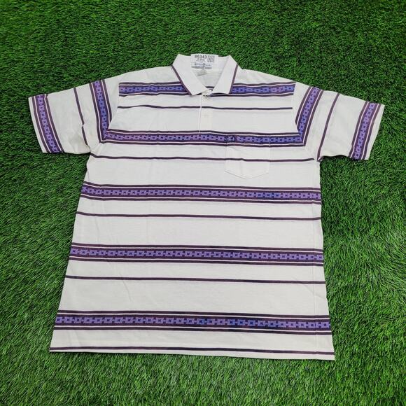 Vintage 90s Penguin Club Stripes Polo Shirt L/XL 23x29 White Purple - Picture 1 of 10